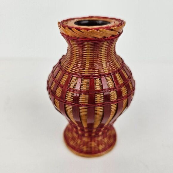 Shanghai Handicrafts Miniature Vase Woven Wicker Rattan‎ Bamboo Basket Vtg Label - Picture 4 of 9